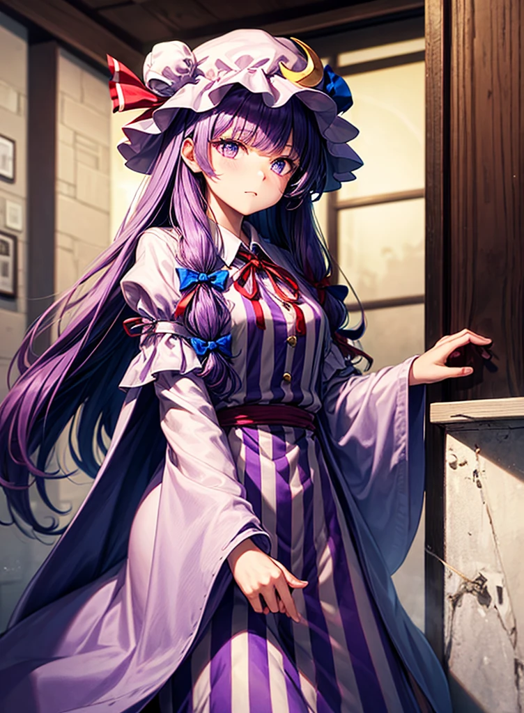 1girl, patchouli knowledge (touhou), purple eyes, very long hair, purple hair, blunt bangs, double bun, purple headwear, mob cap, bun cover, vertical-striped dress, purple dress, long sleeves, robe, wide sleeves, red bowtie, neck ribbon, red ribbon, crescent hat ornament, crescent hair ornament, red bow, blue bow, hair bow, hat bow
