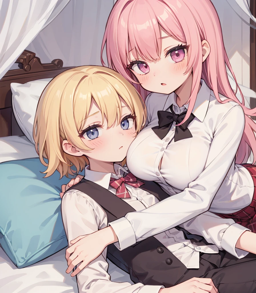 masterpiece, Highest quality, so beautiful, absurdists,High resolution,One girl, One boy,Cuddling in bed, like,sexly,Look at each one, blush,Age difference,bow tie,blondes,chest,Long Hair,Pink Hair,Tucked in shirt,short hair,skirt,Tent shirt,Slut,Big breasted sister and brother,Siblings, trousers,Pushing her big tits against her brother,(My brother's erect penis),((((姉のvery huge breasts,Sister crushes her big tits in her brother's face)))),(((((Very huge breasts))))),(((((penis,NSFW,Soft Very HUGE breasts))))),((Bursting Breasts,Huge breasts hiding her brother's face)),((((((((Huge Breasts, Large Breasts, Very Large Breasts, Very Large Breasts, Very Large Breasts, Very Large Breasts, Very Large Breasts, Very Large Breasts, Very Large Breasts, Very Large Breasts, Very Large Breasts, Very Large Breasts, Burying Face in Breasts)))))))),Two people gazing at each other,puffy breasts,((Face crushed by tits, huge breasts on brother's body, mouth covered by tits, breasts covering face)),((huge breasts)),((soft massive breasts)),crotch grab