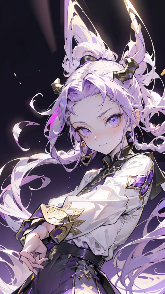 cheerful boy aristocrat open forehead. dark purple hair braided in a ponytail on the left side to one side. sinuous black horns wrapped in dark purple ribbon. pale violet eyes. in short dark purple shorts. long white T-shirt. dark purple knee-high socks. a white long robe with a hood flutters in the wind. black ancient stone walls of the castle purple light from lamps with gold ornaments, heterochromia, long curly hair, pale skin, I look at the viewer, closed mouth, bright smile, Beautiful, extremely detailed eye, Absolutely amazing art, extremely detailed, Digital art of the highest quality, full length, old piano, ancient walls of a stone castle
