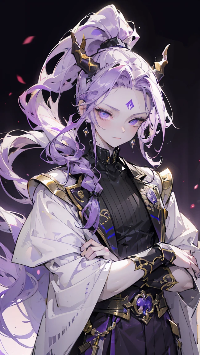 cheerful boy aristocrat open forehead. dark purple hair braided in a ponytail on the left side to one side. sinuous black horns wrapped in dark purple ribbon. pale violet eyes. in short dark purple shorts. long white T-shirt. dark purple knee-high socks. a white long robe with a hood flutters in the wind. black ancient stone walls of the castle purple light from lamps with gold ornaments, heterochromia, long curly hair, pale skin, I look at the viewer, closed mouth, bright smile, Beautiful, extremely detailed eye, Absolutely amazing art, extremely detailed, Digital art of the highest quality, full length, old piano, ancient walls of a stone castle