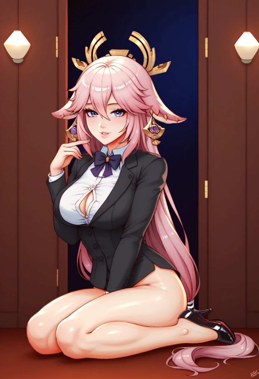 Character Yae Miko from Genshin Impact, full body (1.1), dark background, darkness, correct anatomy (1.1), correct hand anatomy, very feminine, beautiful figure, legs, beautiful body, white hair, very detailed, detailed body, detailed hands, detailed eyes, super fine illustration, best shading, fine detail, beautiful detailed glow, beautiful detail, extraordinarily beautiful, extremely detailed, ((artwork)), ((high resolution)), ((best quality)), extremely fine and beautiful, super fine illustration, (realistic skin), (incredibly detailed anime eyes), vivid and beautiful, shocking sensation, incredibly detailed, beautiful detailed girl, flexible breasts, front view, facing the viewer, (transparent: 0.5), (very long hair), profile, sitting, wide hips, cinematic lighting, perfect shadow, realistic shaded lighting, HDR, soft light, ((best quality)), ((artwork)), (detailed), dark theme, subtle, door, looking at the viewer, slightly parted lips, torso, dark background, black suit, wearing black business suit.
