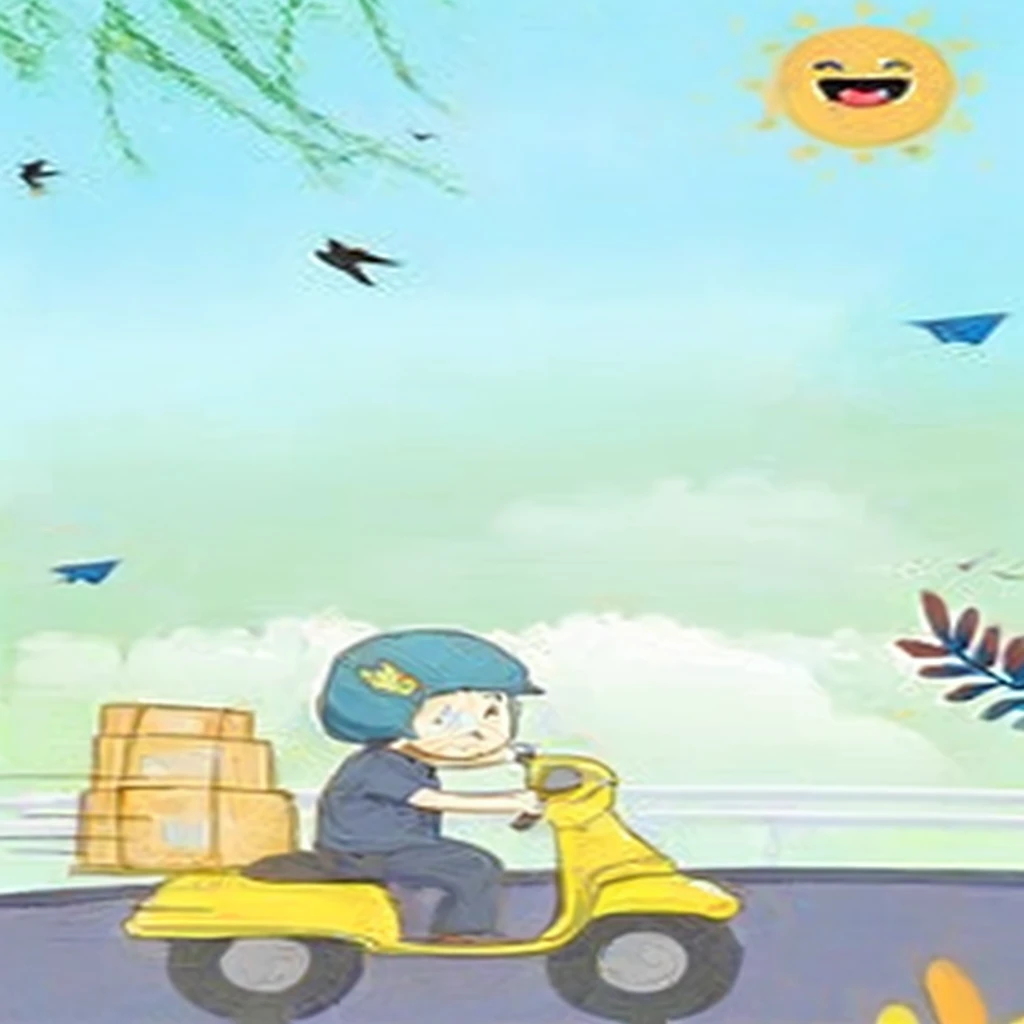 mailman,male,cute,Comic Style,Walking on the way,肩上背着一个mailman包,Left hand holding bag,The right hand holds the brim