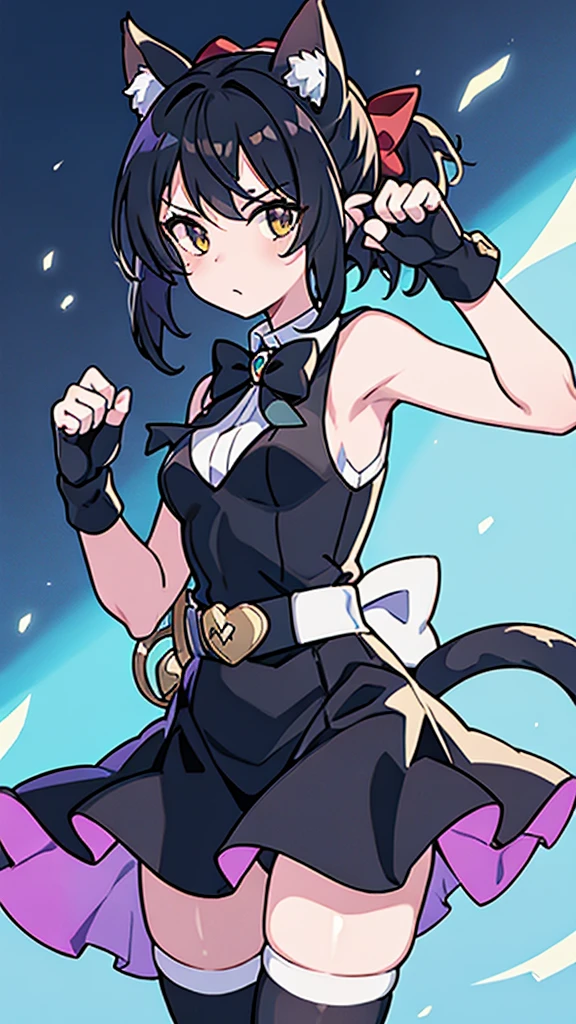 score_9, score_8_up, source_anime, 1girl, cowboy shot, IPhonechan, appleicon, bare shoulders, cat tail, black gloves, fingerless gloves, wrist cuffs, tail ornament, black leotard, white shirt, sleeveless, thighhighs, bowtie, tail bow,  