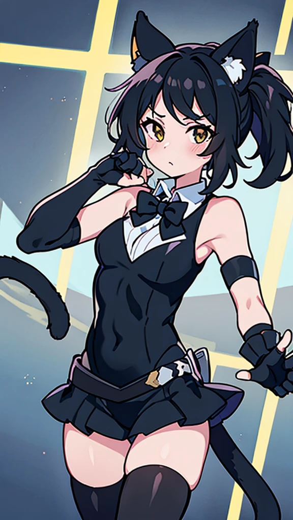 score_9, score_8_up, source_anime, 1girl, cowboy shot, IPhonechan, appleicon, bare shoulders, cat tail, black gloves, fingerless gloves, wrist cuffs, tail ornament, black leotard, white shirt, sleeveless, thighhighs, bowtie, tail bow,
