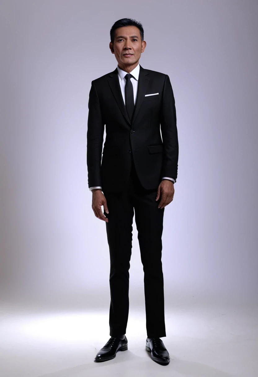 A portrait of an Indonesian man, 50 years old, 173 cm height, standing pose, slightly tilted to the left, full body, his body is skinny, wear a black suit, black formal trousers and black shoes, facing the camera, Use white lighting. super hd, realistic, 8k