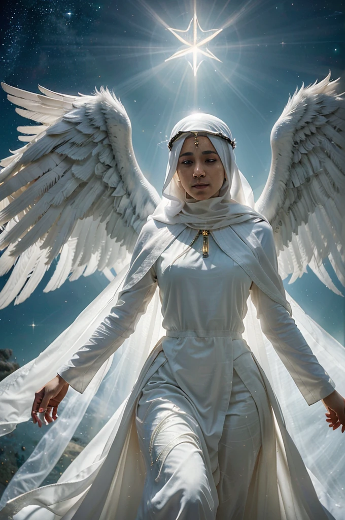 Visualize a powerful and mystical scene where an angel is seen approaching a group of people, including Rasulullah (SAW) and Angel Jibril (AS). The angel should be depicted with majestic wings and wearing luminous white robes, radiating an ethereal glow. The background should show a serene and sacred environment, with the angel moving gracefully towards the group, surrounded by a halo of divine light. The expressions on the faces of Rasulullah (SAW) and Jibril (AS) should convey a mix of awe and reverence. Use soft, ambient lighting to enhance the celestial atmosphere. Epic details, hyper detail, 8k, ultra sharp, UHD.
