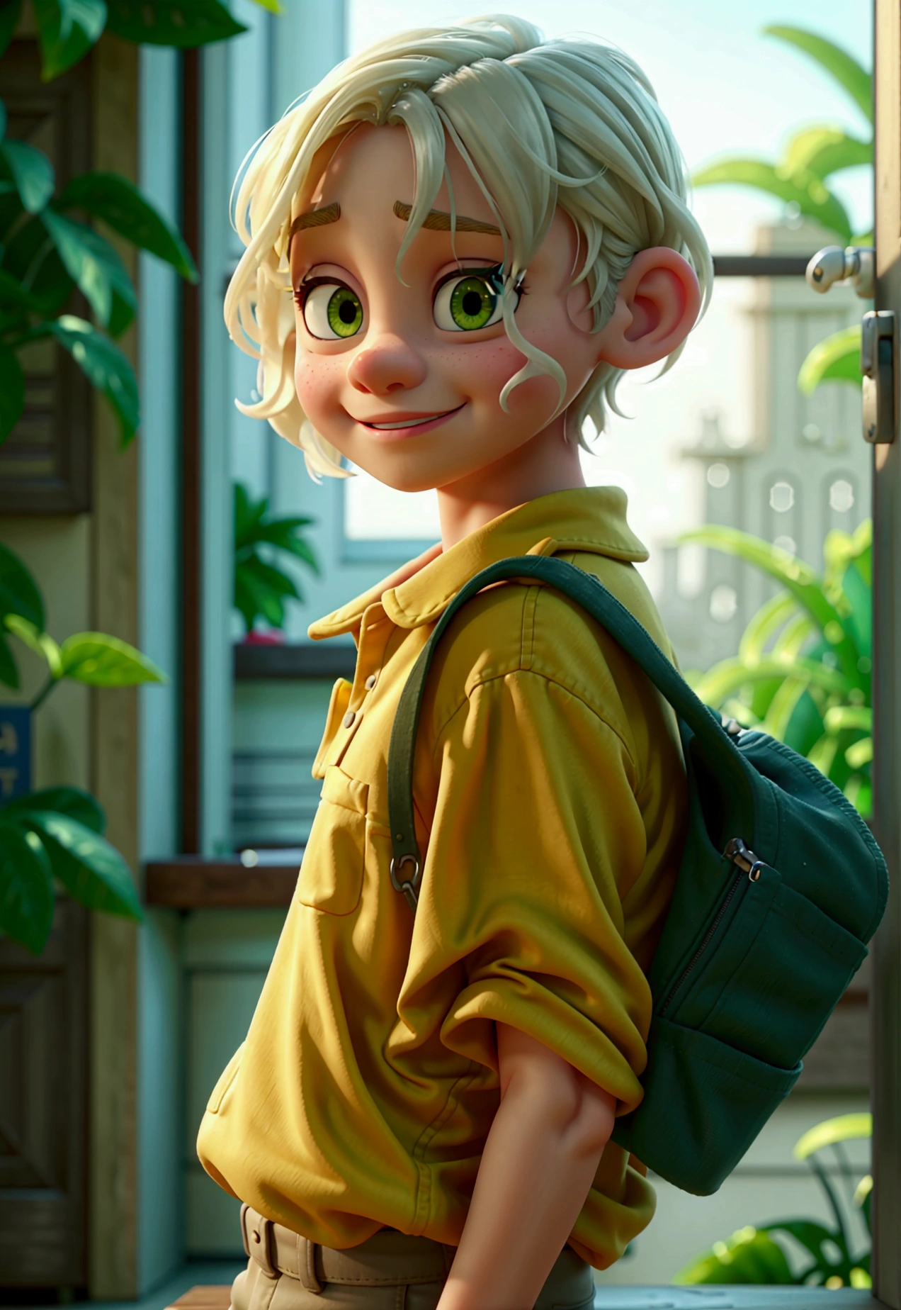 Boy, bald, yellow shirt, green eyes, 60 year old, white shorts.