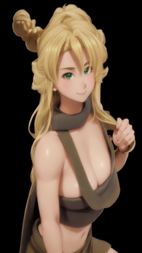 Eila from Chrono Trigger, 1girl, 独奏, Primitive style, smile, glowing eyes, green eyes, Aura, Blonde long hair, muscular female,, (acclaimed, alluring, captivating, exciting, gorgeous, striking:1.3), (trending on CGSociety, trending on pixiv, contest winner:1.3)
