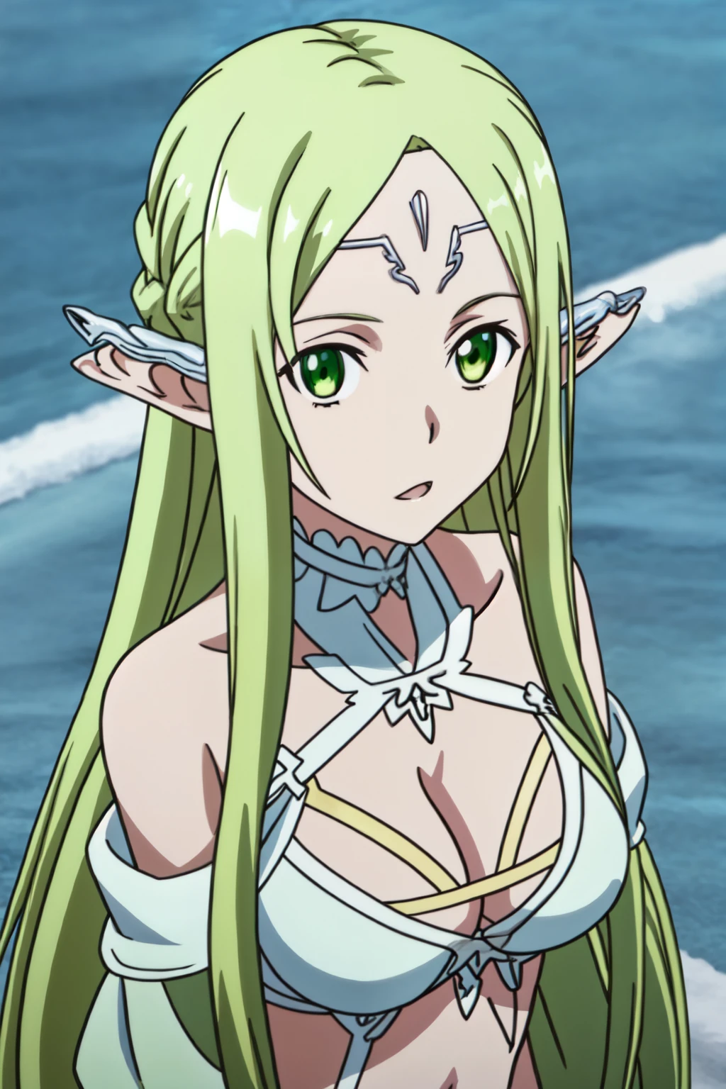 Masterpiece, beat quality, ((anime art style)), elf Girl, light green hair, pointed ears, jade eye, (NPC_freyja), (((big breast))), white bikini with gold details, white wand in hand, skin as white as powdery snow. His disguise had long flowing, deep brown-gold/tea-gold hair and pupils of the same colour. The disguise also had a beautiful face that was sublimed with western European beauty, and she wore a white bikini