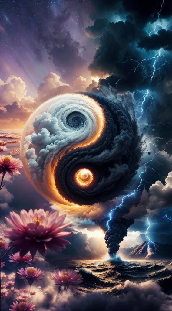 Very real image. The yin and yan, on the one hand a great catastrophic storm breaks out, volcanoes erupt, tsunamis. on the other hand a resplendent sun with flowers on the calm water. Photorealism, full view, highly detailed image, very realistic, hyperrealism, Ultra HD, 8k, 5, sharp focus, intricate and mysterious masterpiece. (Long exposure photography Artistic illustration close-up portrait very detailed: final quality, medium shot, backlight, Rich and striking. Enigmatic and mysterious manipulations (composition of the rule of thirds), ((detailed environment with strong lines) The best quality, in camera, white light, warm and clean aesthetics, dazzling screen composed of millions of brilliant ultraviolet rays, HDR.
