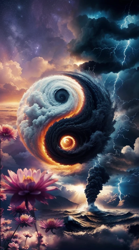 Very real image. The yin and yan, on the one hand a great catastrophic storm breaks out, volcanoes erupt, tsunamis. on the other hand a resplendent sun with flowers on the calm water. Photorealism, full view, highly detailed image, very realistic, hyperrealism, Ultra HD, 8k, 5, sharp focus, intricate and mysterious masterpiece. (Long exposure photography Artistic illustration close-up portrait very detailed: final quality, medium shot, backlight, Rich and striking. Enigmatic and mysterious manipulations (composition of the rule of thirds), ((detailed environment with strong lines) The best quality, in camera, white light, warm and clean aesthetics, dazzling screen composed of millions of brilliant ultraviolet rays, HDR.