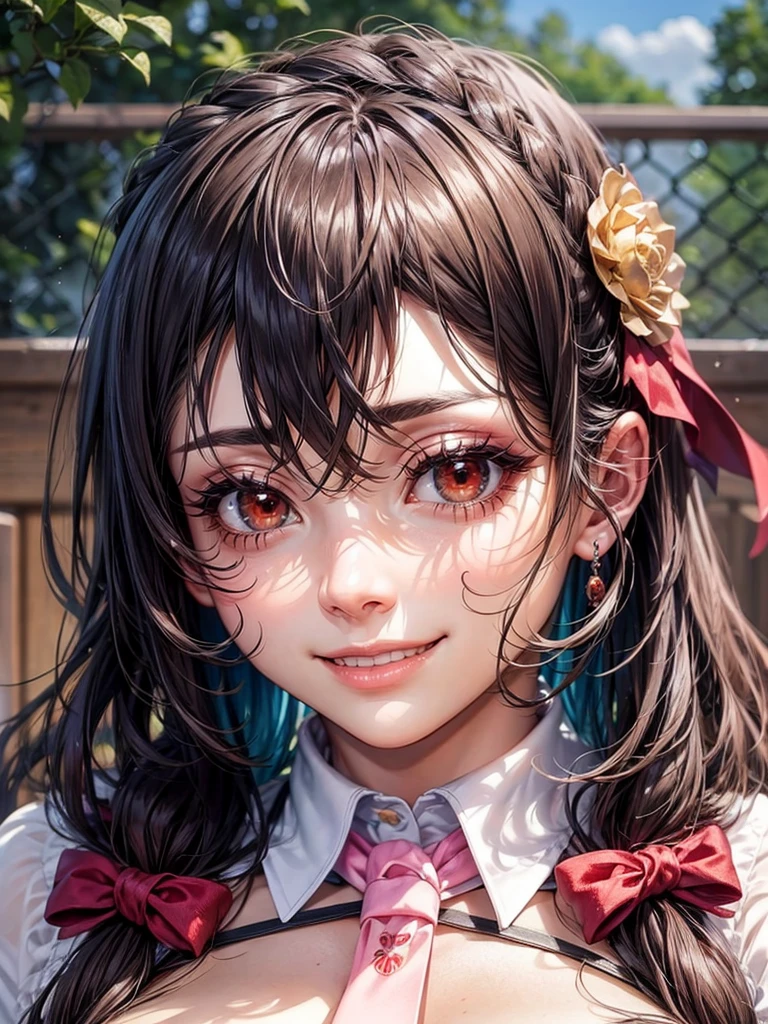 detailed face,red eyes,long eyelashes,realistic skin,naughty smile