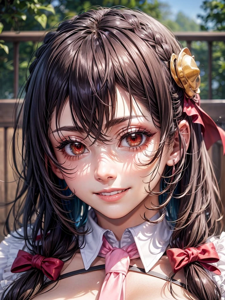 detailed face,red eyes,long eyelashes,realistic skin,naughty smile
