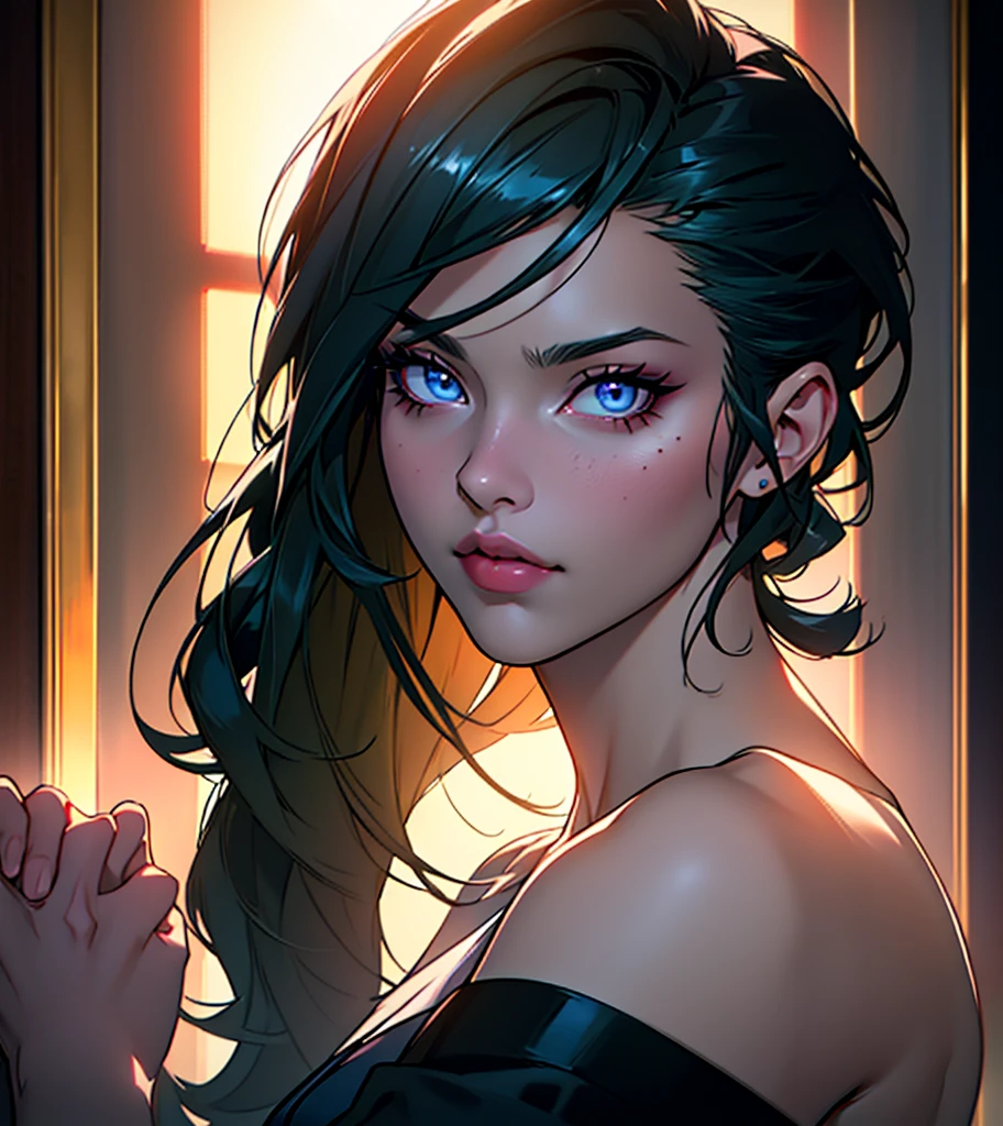 портрет Фубуки из One Punch Man, one in the picture, full length, whole body in frame, beautiful detailed eyes, beautiful detailed lips, extremely detailed eyes and face, Long eyelashes, dark blue hair, straight haircut, shoulder length bob hairstyle, elegant woman,dark green tight-fitting knee-length dress, powerful psychic abilities, dramatic lighting, cinematic, bright colors, complex parts, anime waifu, (best quality, 4K, 8K, high resolution, masterpiece: 1.2), ultra detail, (realistic, photorealistic, photorealistic: 1.37)