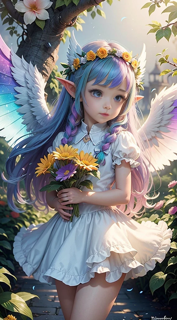 cute little Flowe rFairy, ,Big angel wings, big wings, angel wings, rainbow gradient long hair, pointed ears, flower crown, leaves