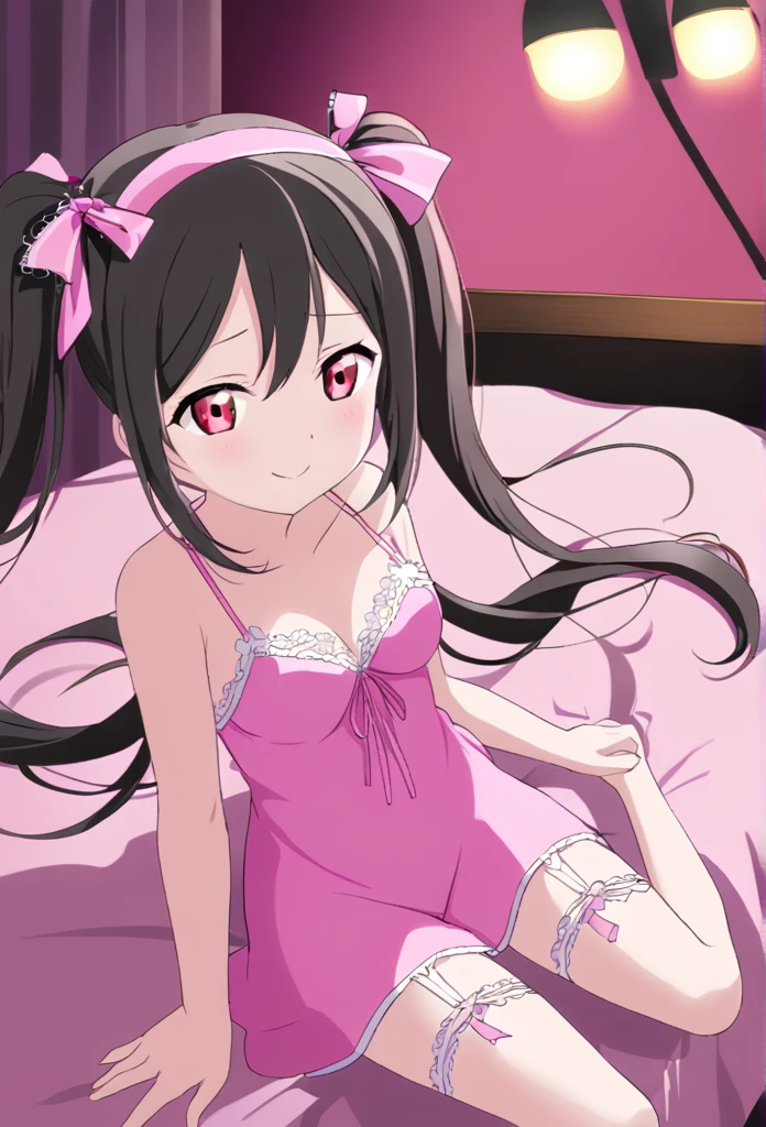 Yazawa Nico　Black Hair　Red Eye　Twin tails　Red hair ribbons on both sides　Pink nightgown　White garter belt　smile　Smaller breasts　night　Love Hotel　Seduce　Sit on the bed　night景　Dark Room　Room lighting　Have a pink cocktail