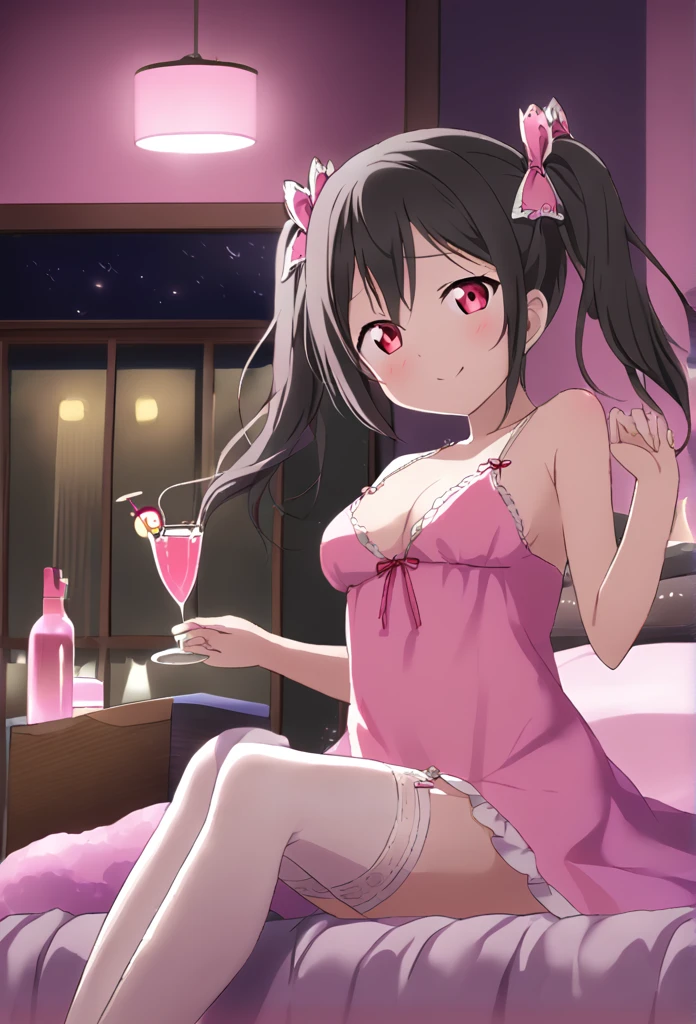 Yazawa Nico　Black Hair　Red Eye　Twin tails　Red hair ribbons on both sides　Pink nightgown　White garter belt　smile　Smaller breasts　night　Love Hotel　Seduce　Sit on the bed　night景　Dark Room　Room lighting　Have a pink cocktail