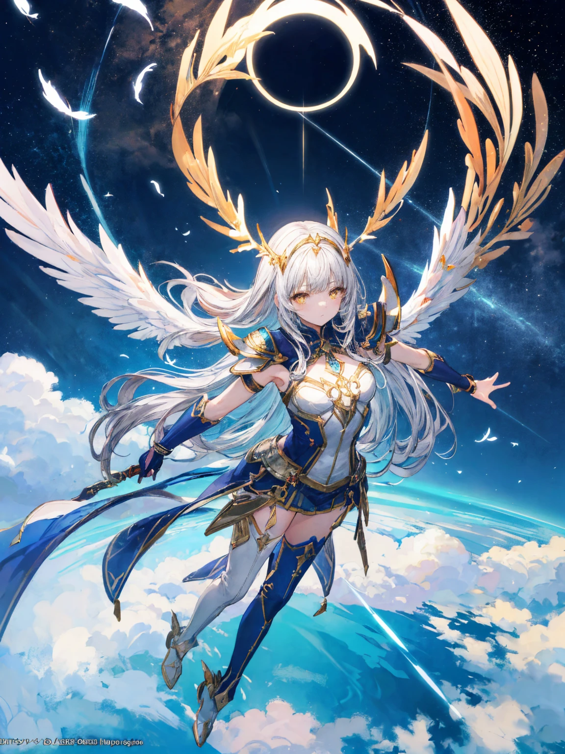 (masterpiece, 最high quality, high quality, High resolution, Super detailed, Official Art, Best aesthetics, Shining Light, Glowing effect:1.2), (Fantasy:1.1),

One girl, alone, Medium chest, Gray Hair, Yellow Eyes, Long Hair, Straight hair,

mechanical armor, Intricate details, Mechanical Wings, CGDivineSwordsw, arms, armor, Holding, shineing, sword, Holding arms, Planted, shineing arms, Headpiece, Gauntlet, (Holding sword:1.1), shineing sword, Planted sword, shoulder armor, Shin Guards, Scapula, shine,

Circle, magical Circle, shineing, Mantra, Severe, Expressionless,

(flight, Aerial, floating:1.4), Dark Sky, (Wide Shot:1.4), whole body, (Who makes it?, sky:1.2), Particles of light, Falling feathers, Mountain Horizon, Above the Clouds,