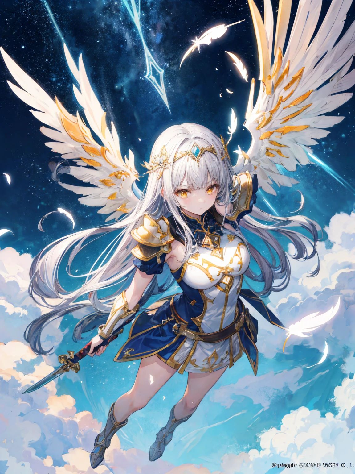 (masterpiece, 最high quality, high quality, High resolution, Super detailed, Official Art, Best aesthetics, Shining Light, Glowing effect:1.2), (Fantasy:1.1),

One girl, alone, Medium chest, Gray Hair, Yellow Eyes, Long Hair, Straight hair,

mechanical armor, Intricate details, Mechanical Wings, CGDivineSwordsw, arms, armor, Holding, shineing, sword, Holding arms, Planted, shineing arms, Headpiece, Gauntlet, (Holding sword:1.1), shineing sword, Planted sword, shoulder armor, Shin Guards, Scapula, shine,

Circle, magical Circle, shineing, Mantra, Severe, Expressionless,

(flight, Aerial, floating:1.4), Dark Sky, (Wide Shot:1.4), whole body, (Who makes it?, sky:1.2), Particles of light, Falling feathers, Mountain Horizon, Above the Clouds,