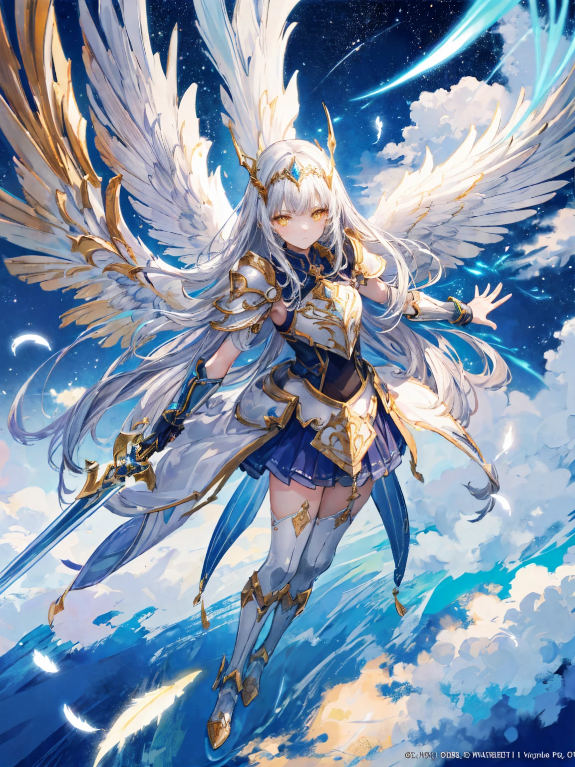 (masterpiece, 最high quality, high quality, High resolution, Super detailed, Official Art, Best aesthetics, Shining Light, Glowing effect:1.2), (Fantasy:1.1),
One girl, alone, Medium chest, Gray Hair, Yellow Eyes, Long Hair, Straight hair,
mechanical armor, Intricate details, Mechanical Wings, CGDivineSwordsw, arms, armor, Holding, shineing, sword, Holding arms, Planted, shineing arms, Headpiece, Gauntlet, (Holding sword:1.1), shineing sword, Planted sword, shoulder armor, Shin Guards, Scapula, shine,
Circle, magical Circle, shineing, Mantra, Severe, Expressionless,
(flight, Aerial, floating:1.4), Dark Sky, (Wide Shot:1.4), whole body, (Who makes it?, sky:1.2), Particles of light, Falling feathers, Mountain Horizon, Above the Clouds,