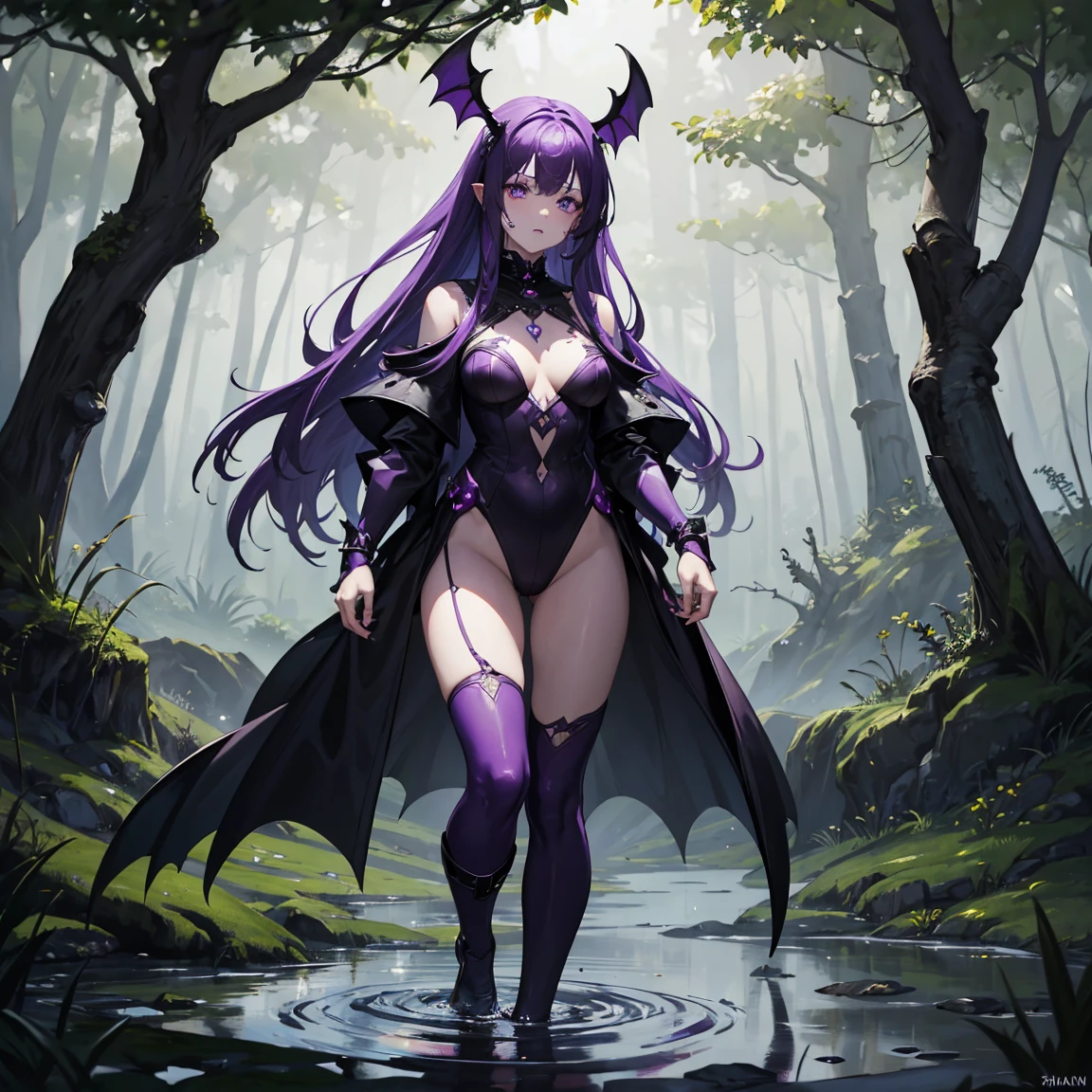 Top quality, masterpiece, 8K, one bat flying, woman walking through purple sludgy poisonous swamp, swamp is up to her feet high, skull mark on ground, bones floating in swamp, purple poisonous swamp all around, long purple hair, worried face, shivering woman, wearing winter clothes clothes that reveal little