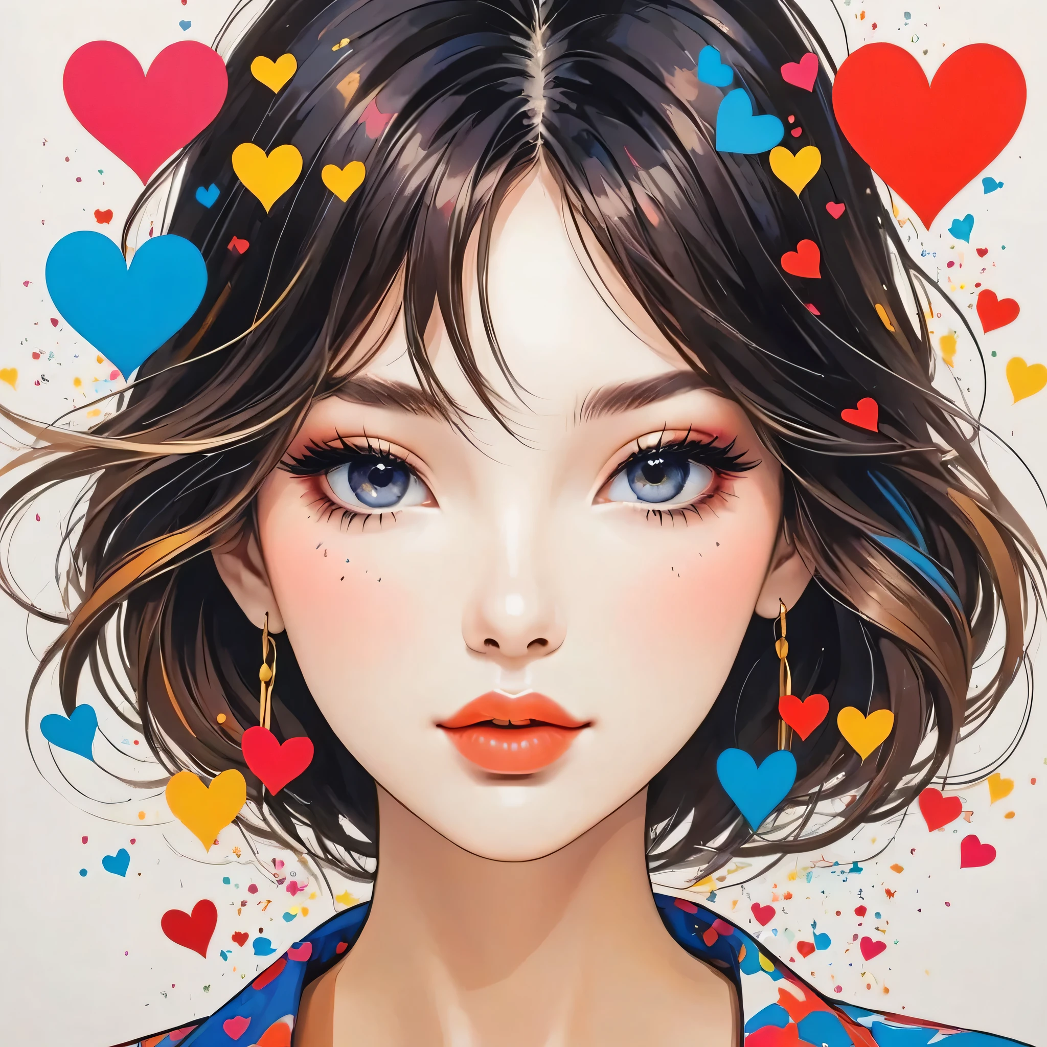 Mika Pikazo style, Simple Line Initialism,Abstract art,Urban Background, (((The most beautiful girl of all time))), Sweet face. Lips in love, colorful hearts