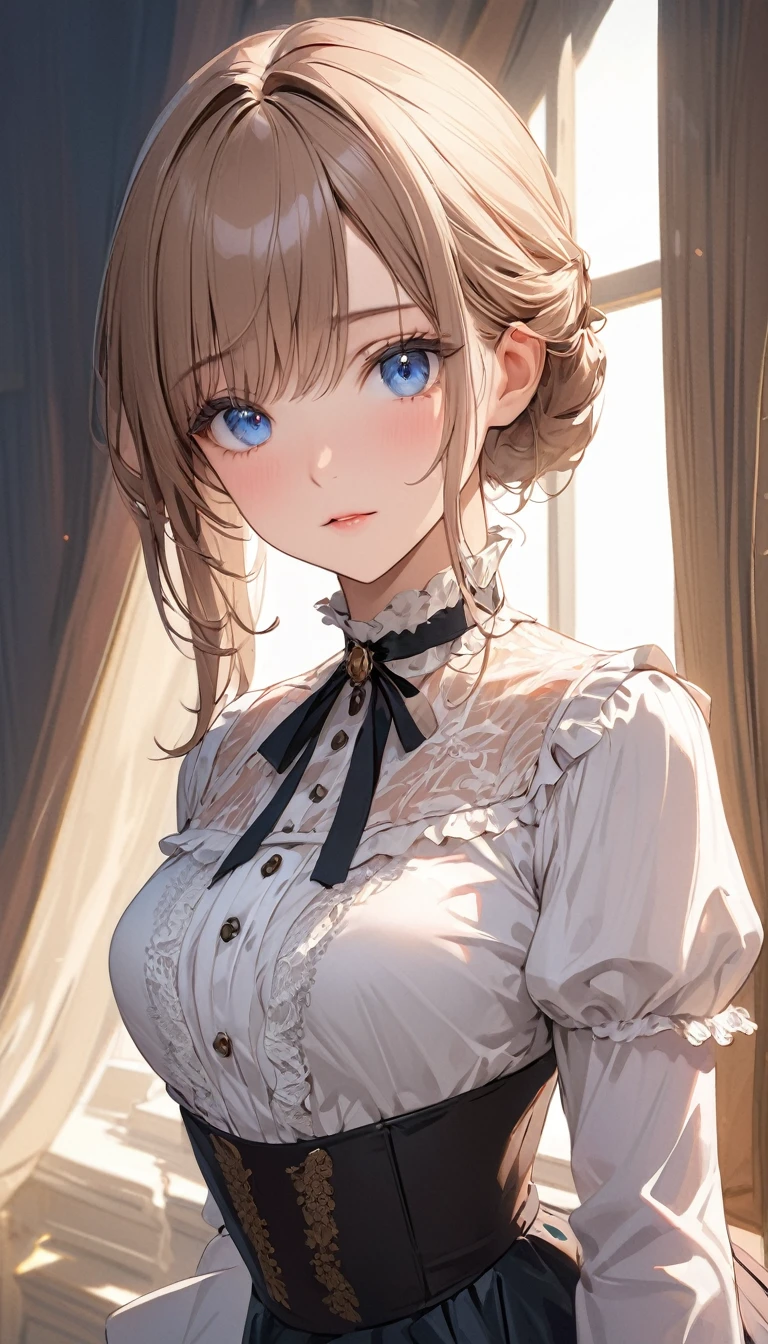 ((top quality)), ((masterpiece)), (detail), high resolution, perfect face, detailed eyes, fine eyes, 1 beautiful girl, Victorian blouse, medium breasts,