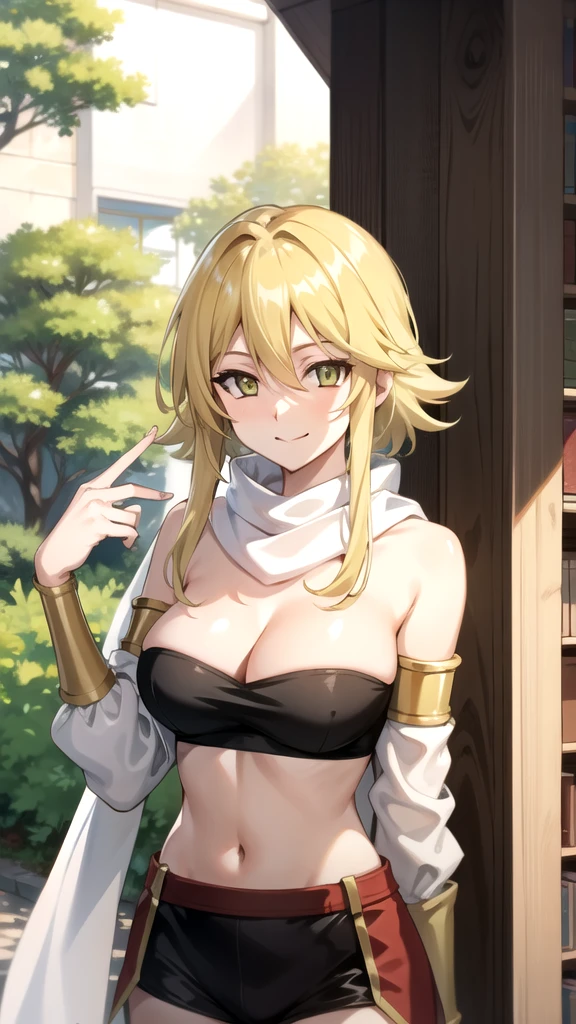 tall body, tall, long legs, mature female, mature, adult, simple background, indoors
 Eft_akame_yellow, 1girl, breasts, solo, blonde hair, cleavage, smile, upper body, short hair with long locks, sidelocks, yellow eyes, tree, scarf, large breasts, white scarf, strapless, detached sleeves, hair between eyes, bare shoulders, closed mouth, outdoors, day, anime coloring, armlet, green eyes, medium breasts, bangs, short hair, tube top, long hair, panties, white thighhighs