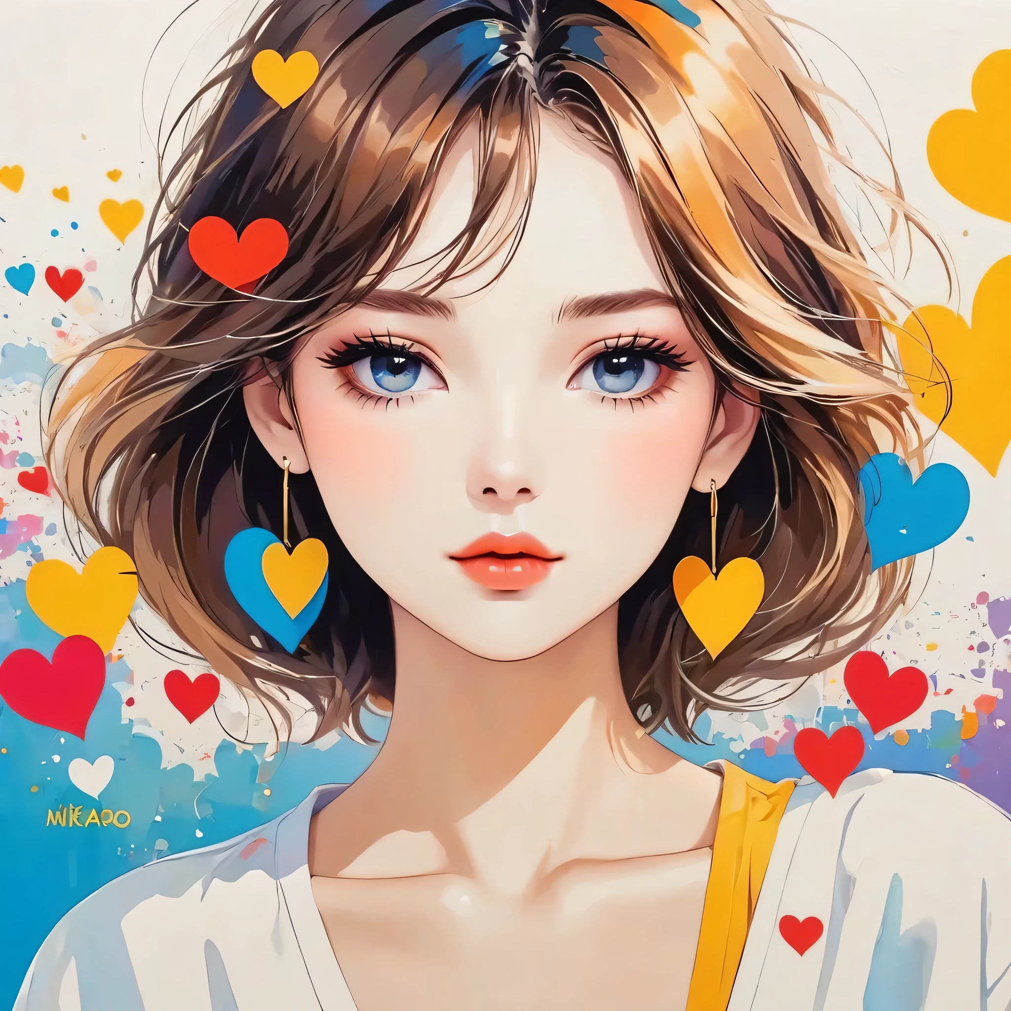 Mika Pikazo style, Simple Line Initialism,Abstract art,Urban Background, (((The most beautiful girl of all time))), Sweet face. Lips in love, colorful hearts