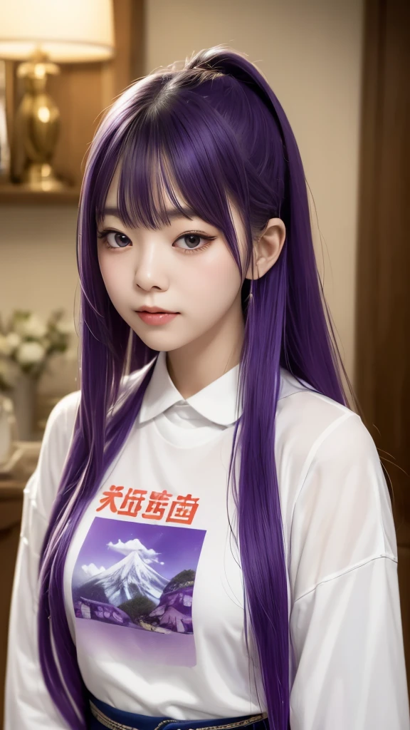 ((high quality)),Tabletop, RAW PHOTO, (Detailed depiction of the site:1.2),Japanese girl, one girl, soft smile, (flair shirt:1.3),Enchanted Valley, Mouth closed,eyelash, look away, Portraiture, Upper Body, purple hair, White Theme, (long hair:1.4), Expressionless,Emotionless, long bangs,