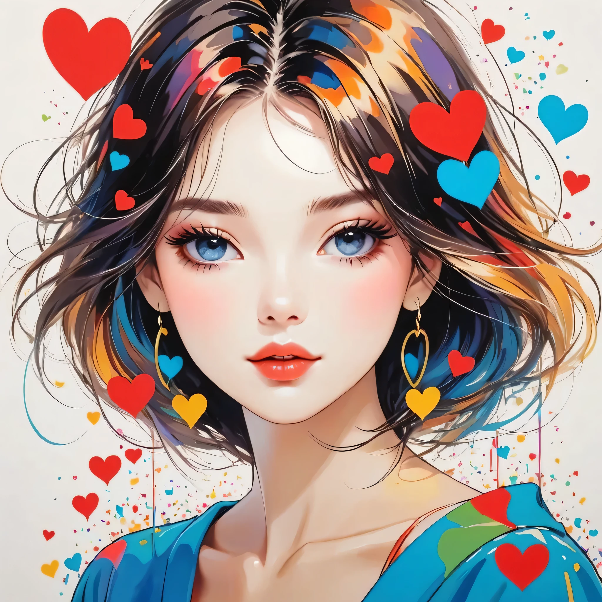 Mika Pikazo style, Simple Line Initialism,Abstract art,Urban Background, (((The most beautiful girl of all time))), Sweet face. Lips in love, colorful hearts