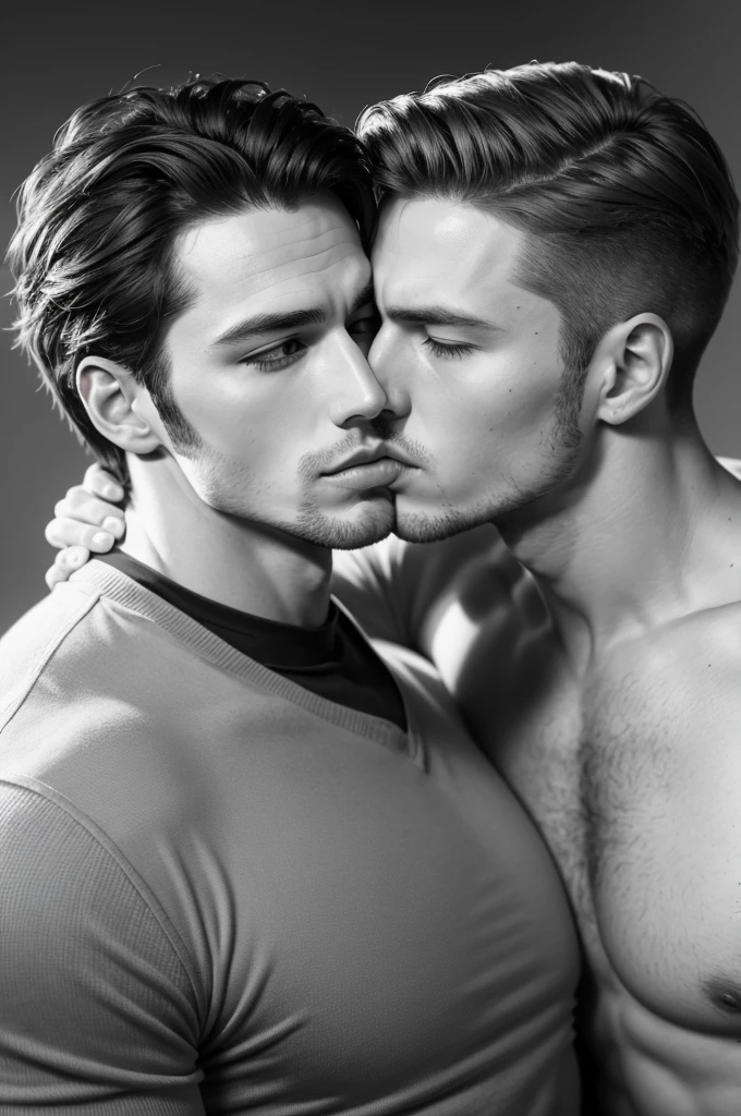 Handsome strong white man kissing another man intensely 