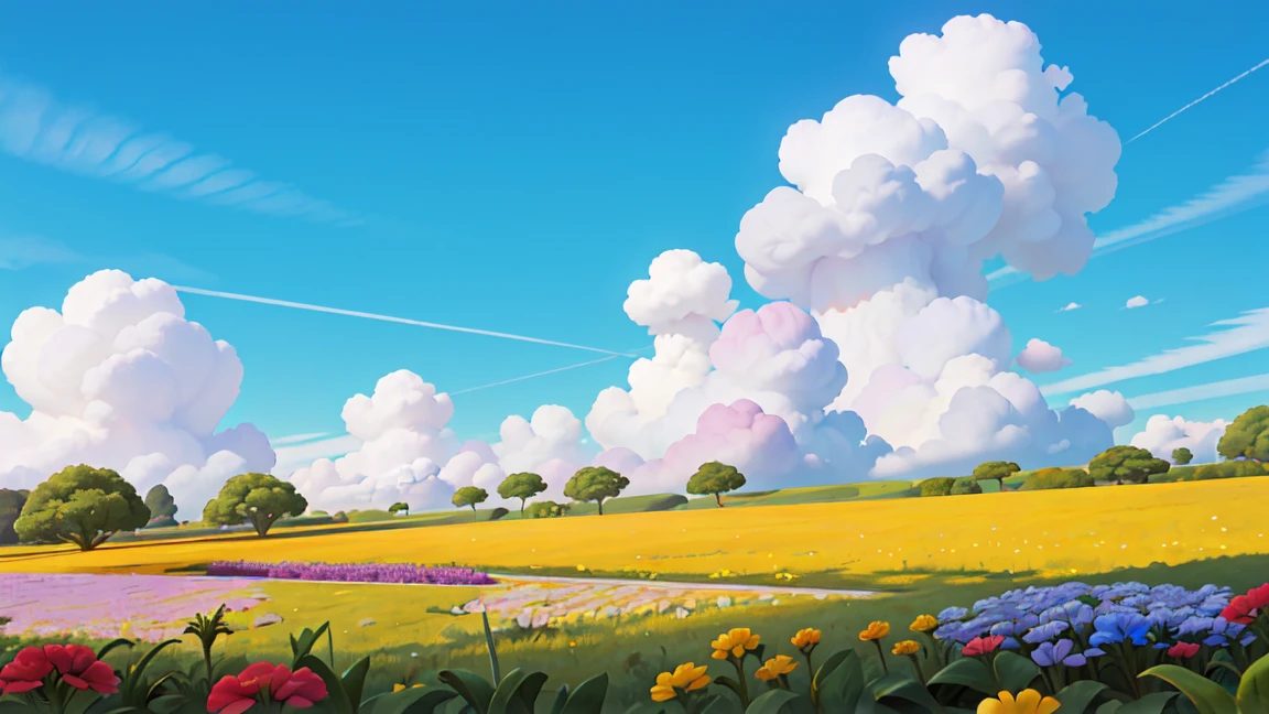 Green flower field,In the distance, I can see the blue sky and white clouds.