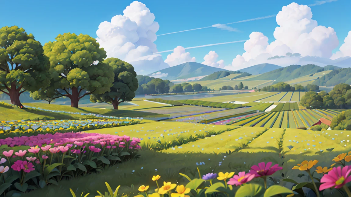 Green flower field,In the distance, I can see the blue sky and white clouds.