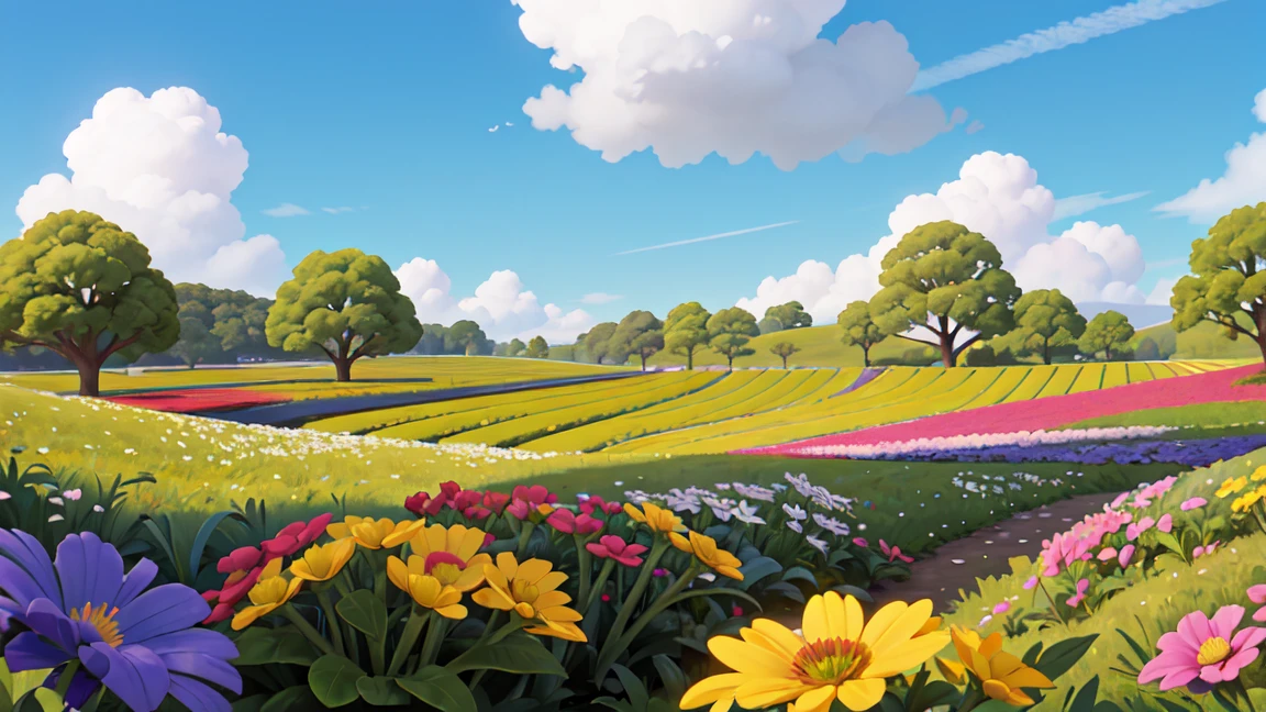 Green flower field,In the distance, I can see the blue sky and white clouds.