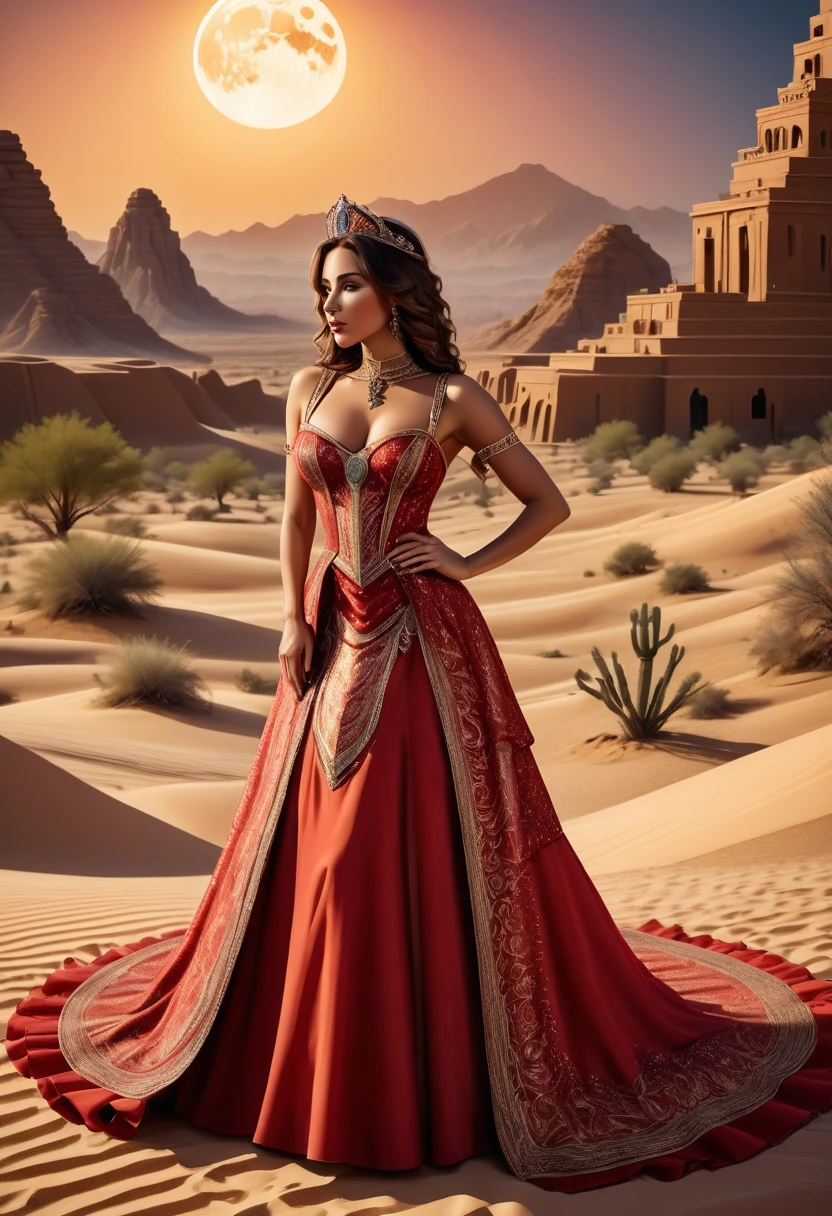 Arafed picture of a desert princess BREAK and her pet cougar in her palace high details, best quality, 16k, f a female human princess and her pet cougar, princess of the desert, full body, ((anatomically correct: 1.5)) ((standing: 1.5)) proudly royalty demeanor, a woman, (best detailed face: 1.5), Ultra Detailed face, wearing red royal desert dress, Arab design, decorated with gems, small cleavage, thigh high intricate leather high heeled boot, thick hair, long hair, brown hair, tan skin intense brown eyes, her desert large cougar lying at her feet, guarding her, an epic fantasy desert palace in an oasis in the background (intricate details, Masterpiece, best quality: 1.5) night, moon light, stars  ,Wide-Angle, award winning, best quality, high quality, high details, highres, vibrant, Ultra-high resolution, High Contrast, (masterpiece:1.5), highest quality, Best aesthetics, best details, best quality, highres, ultra wide angle, 16k, [ultra detailed], masterpiece, best quality, chumbasket art style, high heels, thighhighs, princess dress