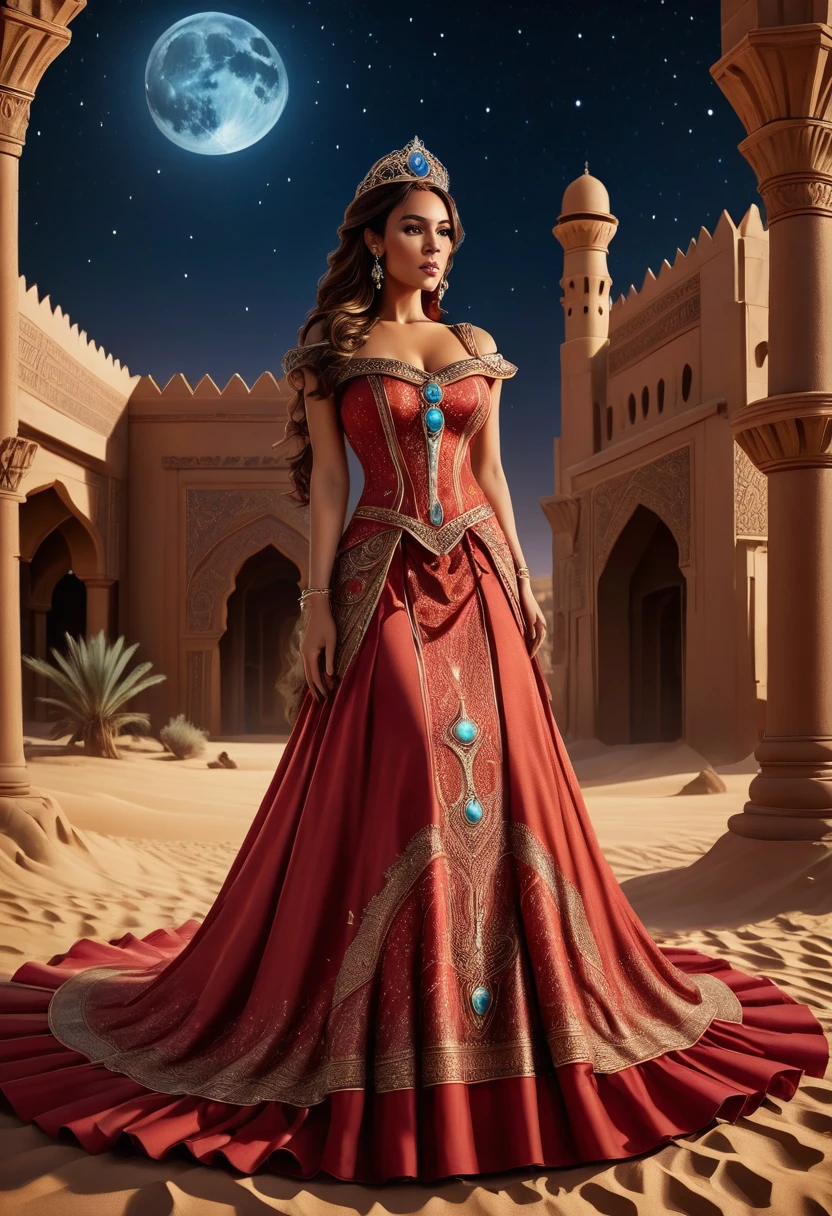 Arafed picture of a desert princess BREAK and her pet cougar in her palace high details, best quality, 16k, f a female human princess and her pet cougar, princess of the desert, full body, ((anatomically correct: 1.5)) ((standing: 1.5)) proudly royalty demeanor, a woman, (best detailed face: 1.5), Ultra Detailed face, wearing red royal desert dress, Arab design, decorated with gems, small cleavage, thigh high intricate leather high heeled boot, thick hair, long hair, brown hair, tan skin intense brown eyes, her desert large cougar lying at her feet, guarding her, an epic fantasy desert palace in an oasis in the background (intricate details, Masterpiece, best quality: 1.5) night, moon light, stars  ,Wide-Angle, award winning, best quality, high quality, high details, highres, vibrant, Ultra-high resolution, High Contrast, (masterpiece:1.5), highest quality, Best aesthetics, best details, best quality, highres, ultra wide angle, 16k, [ultra detailed], masterpiece, best quality, chumbasket art style, high heels, thighhighs, princess dress