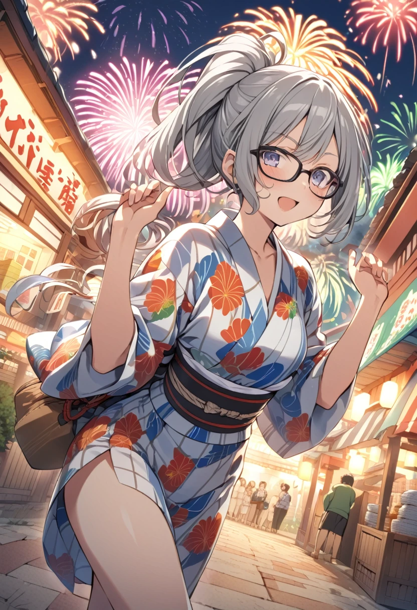 best quality, anime Seishun Buta Yarou series, character, Futaba Rio, glasses, gray half-up hair, colorful yukata, big fireworks