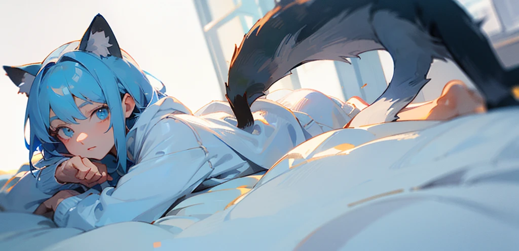 ((Best quality)), ((masterpiece)), (detailed), 1 anime from the edge, light blue hair, light blue eyes, lying in bed, white sweatshirt, lying on his stomach, looks at the camera, White background, perfect hands, cat&#39;s ears. stockings, long hair. perfect legs, 2 hands
