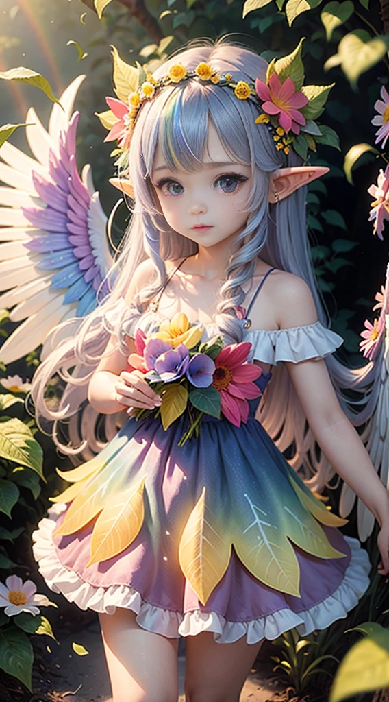 cute little Flowe rFairy, ,Big angel wings, big wings, angel wings, rainbow gradient long hair, pointy ears, flower crown, dress made of leaves