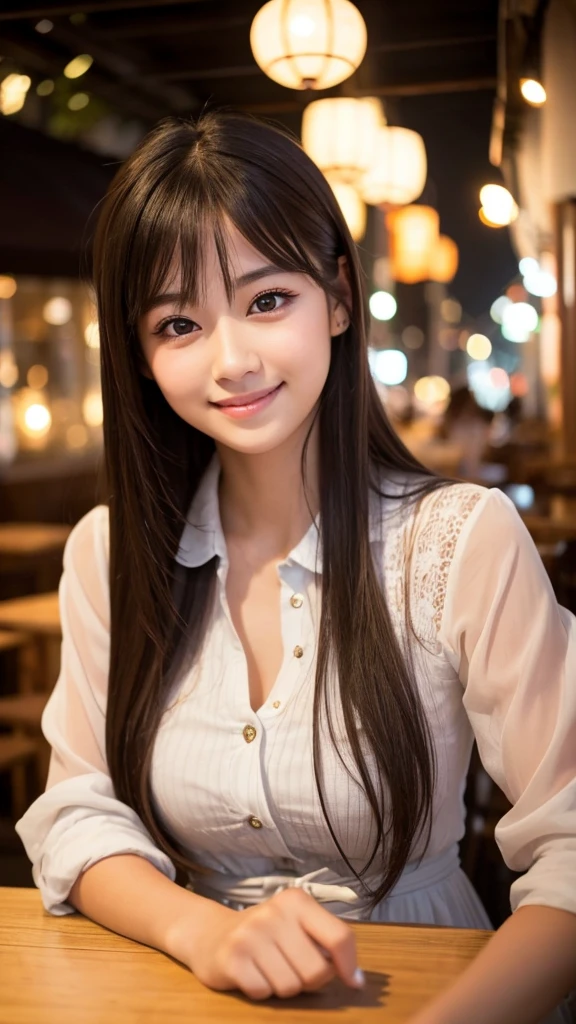 Cute girl working at a cafe terrace　Japanese　１９age　
Professional Lighting　Digital SLR　Beautiful and elaborate face　Perfect and beautiful face　Big eyes Smile