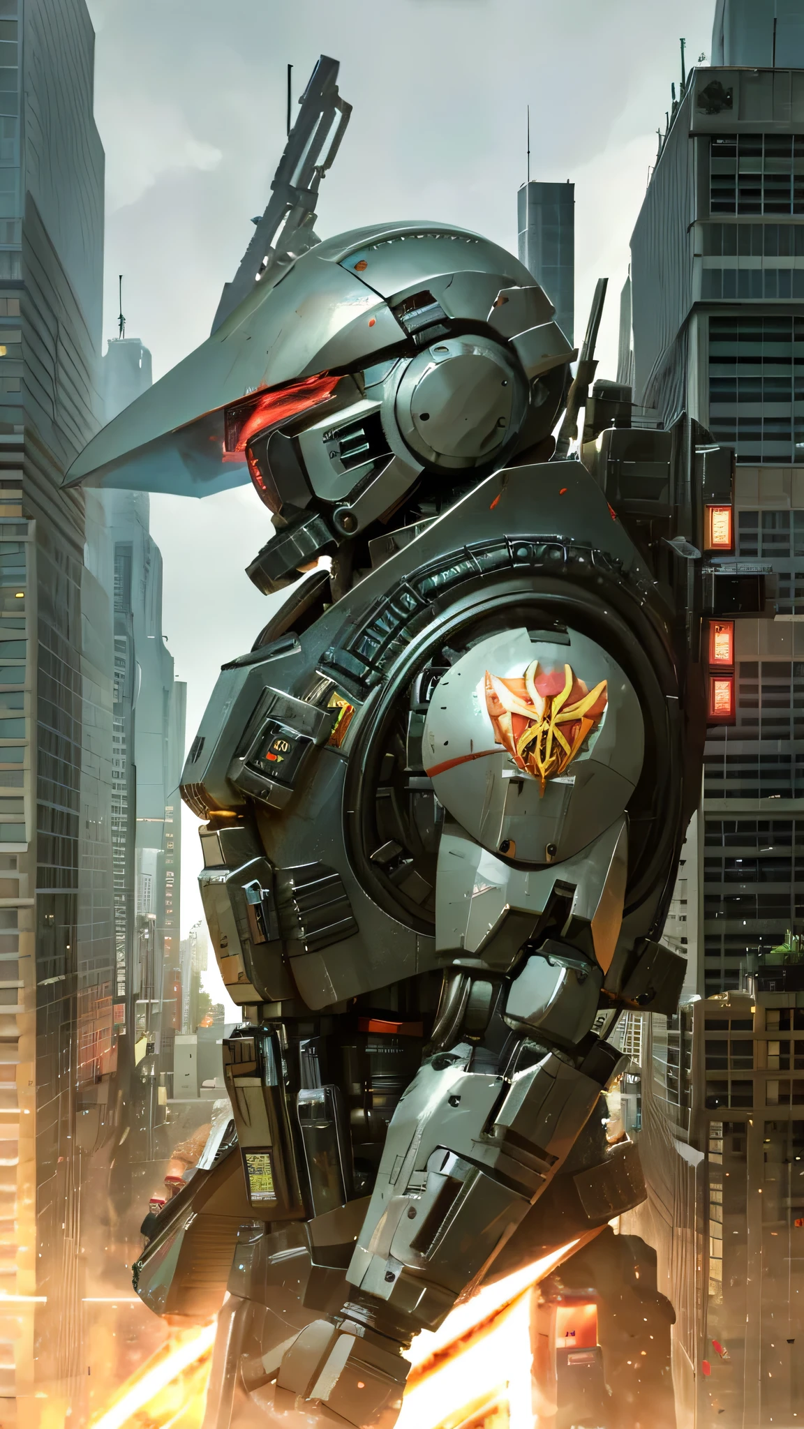 最high quality、Best image quality、masterpiece、Giant Mecha((humanoid、Railgun、Bulletproof vest、Jetpack、Red visor、Run、Chainsaw,Covered in scars,gas mask、Black color))high quality、Beautiful art、background((City)),Tabletop、Exquisite design、Visual Arts、Written boundary depth、Best lighting、The finest details、8k