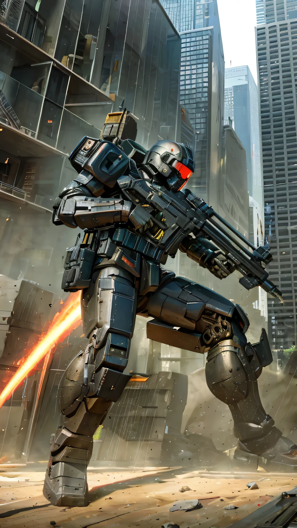 最high quality、Best image quality、masterpiece、Giant Mecha((humanoid、Railgun、Bulletproof vest、Jetpack、Red visor、Run、Chainsaw,Covered in scars,gas mask、Black color)）high quality、Beautiful art、background((City)),Tabletop、Exquisite design、Visual Arts、Written boundary depth、Best lighting、The finest details、8ｋ
