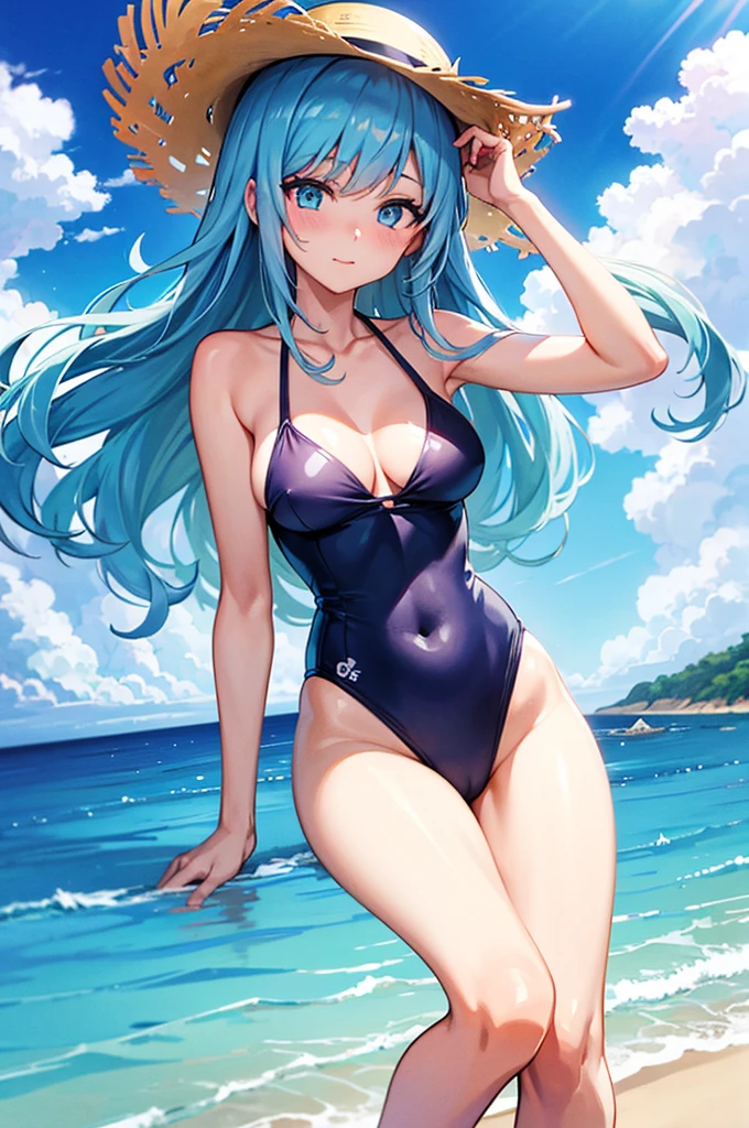 Girls Anime, Beautiful woman, Hair blowing in the wind, Beach Background, Detailed light, White skin, Woman in swimsuit, straw hat, Ocean, bikini, Ocean辺, Sitting