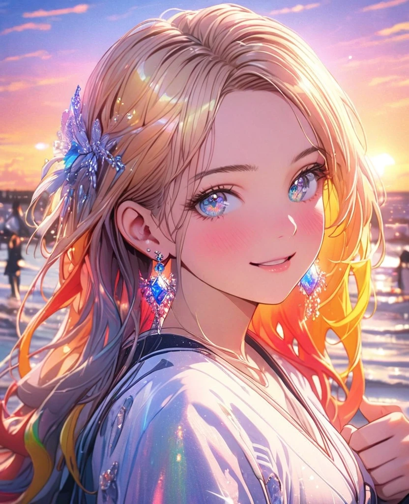 8K,gal,an extremely delicate and beautiful,Beautiful and realistic skin,Shiny jewel-like earrings,Long colorful hair,beautiful eyes,thumbs up,beautiful sunset