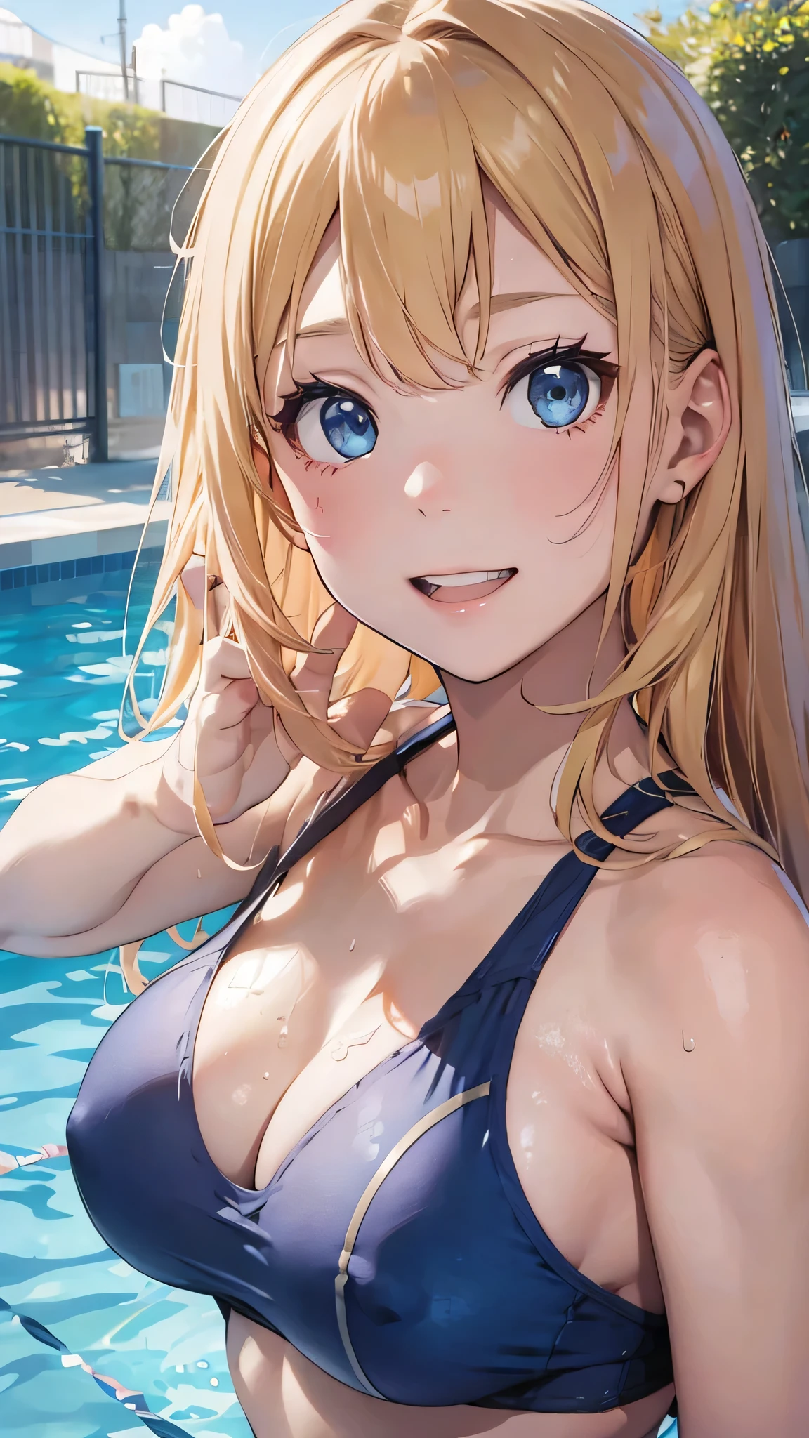 最high quality、Best image quality、masterpiece、With a girl((cute、、Best Bust、Medium Bust、Beautiful Blue Eyes、Spread your chest wide,Blonde、Slender、The best valley、Blue school swimsuit,Show the whole body、Blue Mesh,swim,smile))high quality、Beautiful art、background((summertime、Pool facilities、A large number of people々)),Tabletop、Exquisite design、Visual Arts、Depth of written boundary、Best lighting、Highest detail、8k