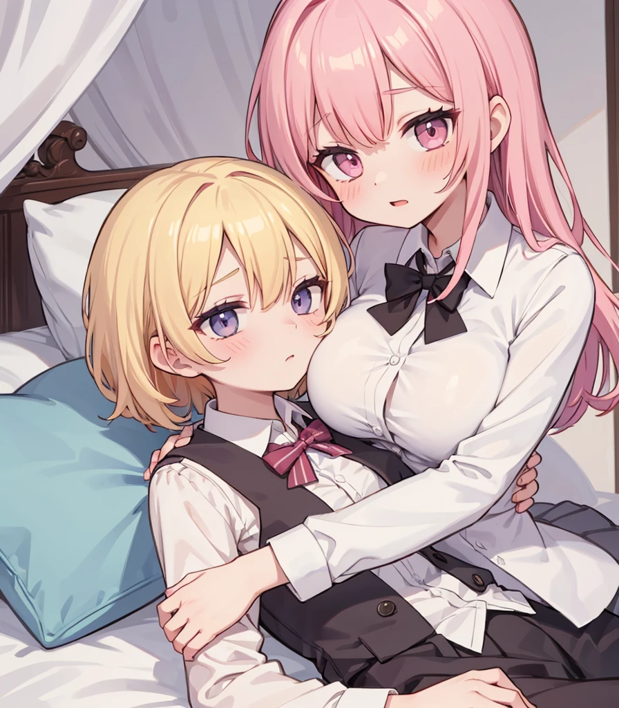 masterpiece, Highest quality, so beautiful, absurdists,High resolution,One girl, One boy,Cuddling in bed, like,sexly,Look at each one, blush,Age difference,bow tie,blondes,chest,Long Hair,Pink Hair,Tucked in shirt,short hair,skirt,Tent shirt,Slut,Big breasted sister and brother,Siblings, trousers,Pushing her big tits against her brother,(My brother&#39;s erect penis),((((姉のvery huge breasts,Sister crushes her big tits in her brother&#39;s face)))),(((((Very huge breasts))))),(((((penis,NSFW,Soft Very HUGE breasts))))),((Bursting Breasts,Huge breasts hiding her brother&#39;s face)),((((((((Huge Breasts, Large Breasts, Very Large Breasts, Very Large Breasts, Very Large Breasts, Very Large Breasts, Very Large Breasts, Very Large Breasts, Very Large Breasts, Very Large Breasts, Very Large Breasts, Very Large Breasts, Burying Face in Breasts)))))))),Two people gazing at each other,puffy breasts,((Face crushed by tits, huge breasts on brother's body, mouth covered by tits, breasts covering face)),((huge breasts)),((soft massive breasts)),crotch grab