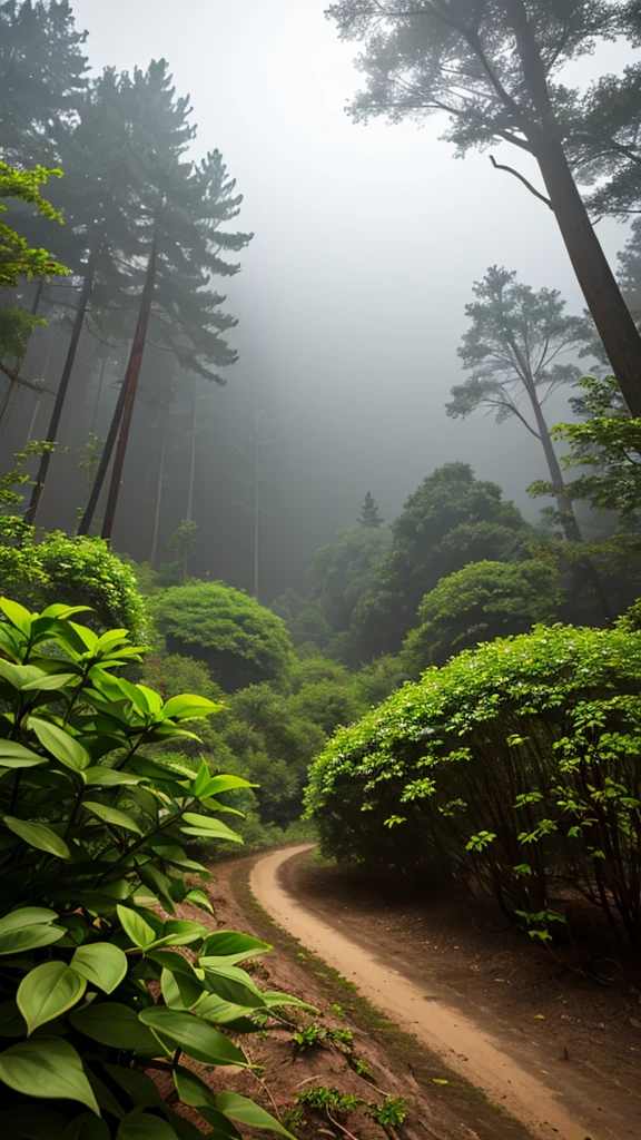 Create a AI image of a one plant light coming from behind in foggy environment