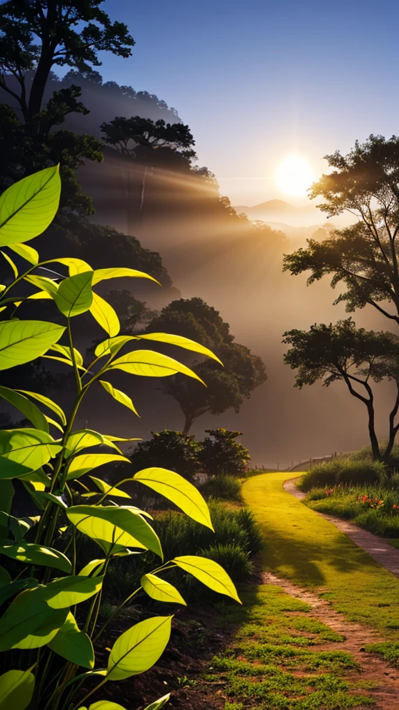Create a AI image of a one plant light coming from behind in foggy environment