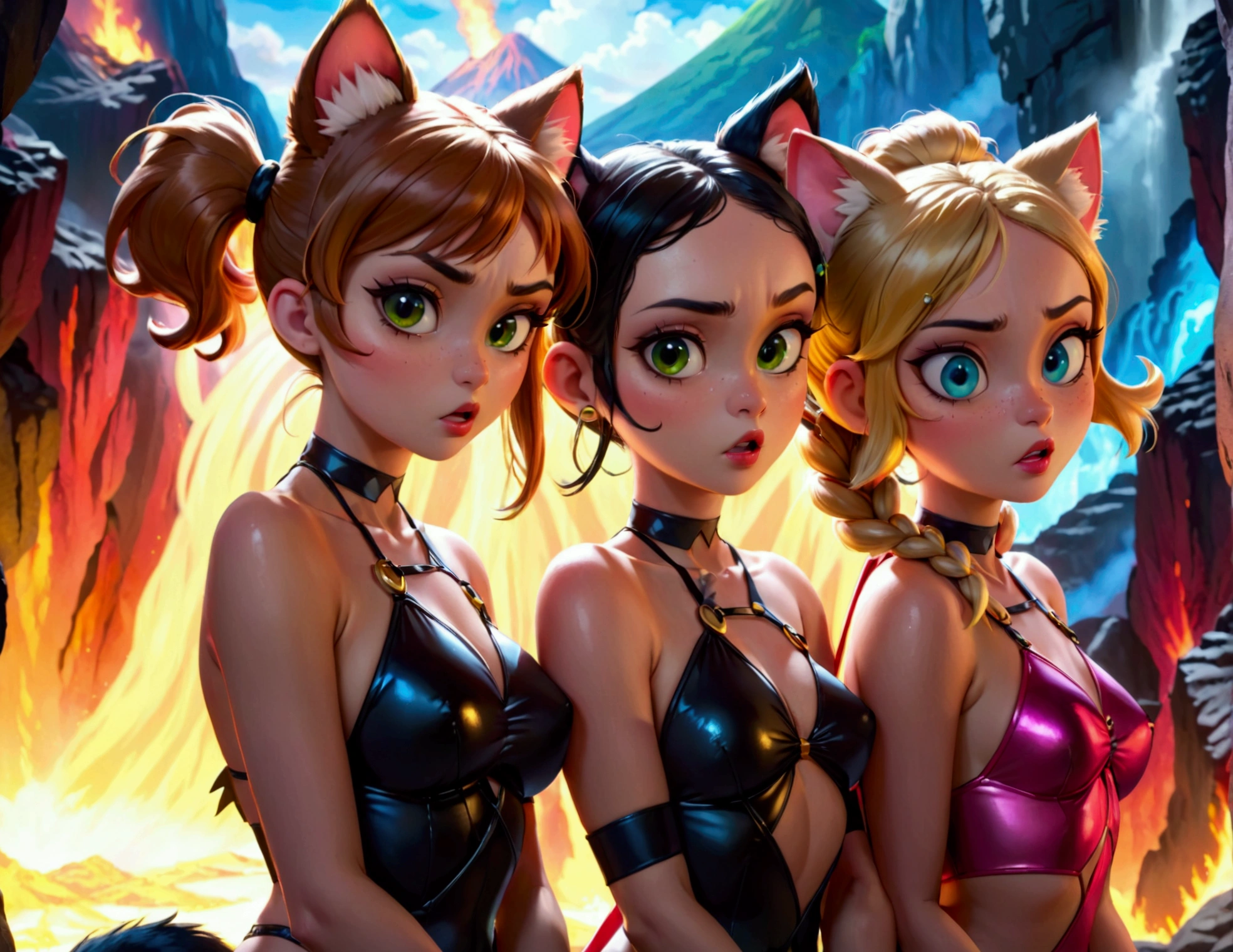 realistic powerpuff girls, 3 adult women, catgirl costumes, cat ears, cat tails, cat hair braids, nude bodies, orgy scene, inside a volcano, crazy monkey, anal sex, hyper detailed, 8k, photorealistic, masterpiece, vibrant colors, dramatic lighting, cinematic composition